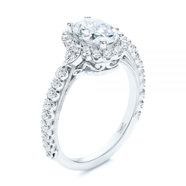 14k White Gold Three-stone Oval And Pear Diamond Halo Engagement Ring - Three-Quarter View -  105675