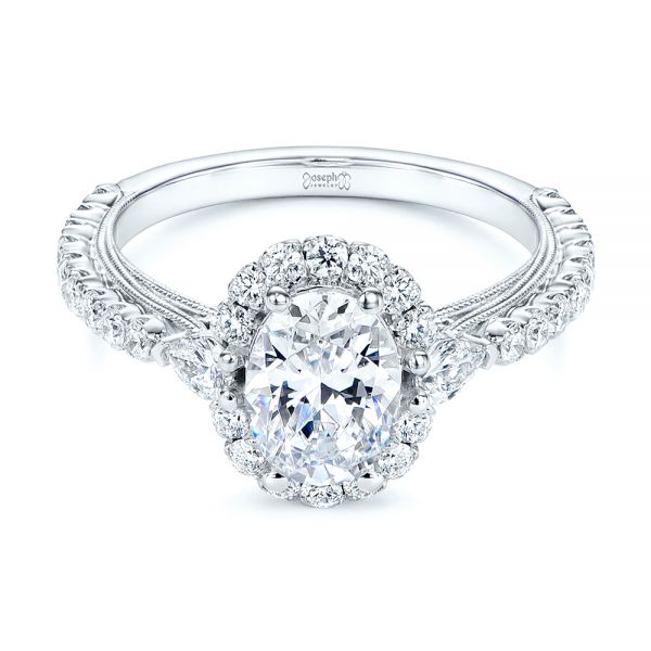 14k White Gold Three-stone Oval And Pear Diamond Halo Engagement Ring - Flat View -  105675