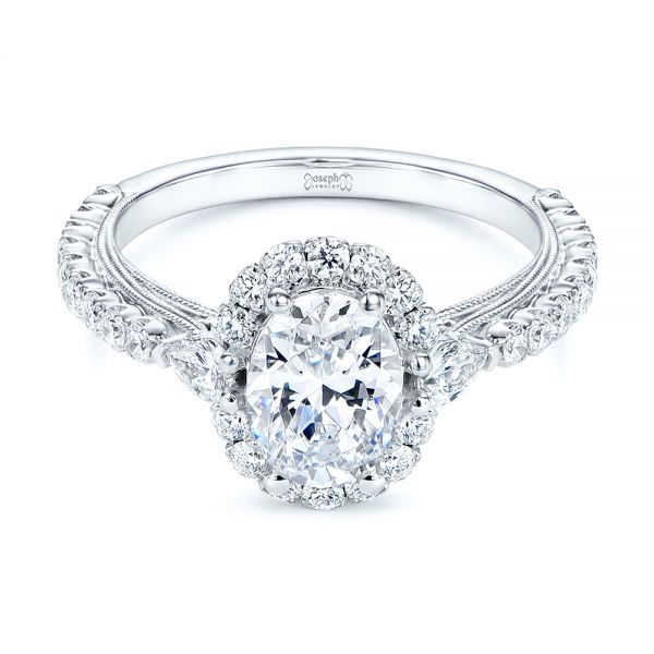 14k White Gold Three-stone Oval And Pear Diamond Halo Engagement Ring - Flat View - 105675