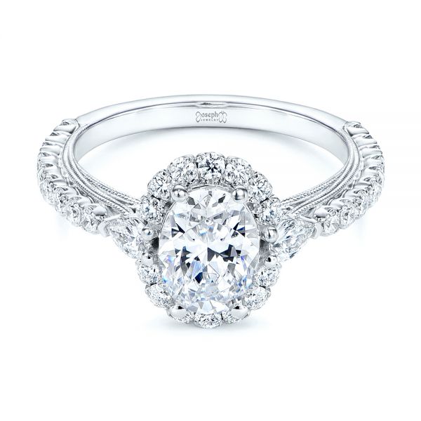 14k White Gold Three-stone Oval And Pear Diamond Halo Engagement Ring - Flat View -  105675 - Thumbnail