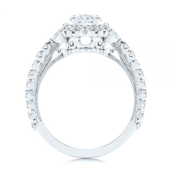 18k White Gold 18k White Gold Three-stone Oval And Pear Diamond Halo Engagement Ring - Front View -  105675 - Thumbnail