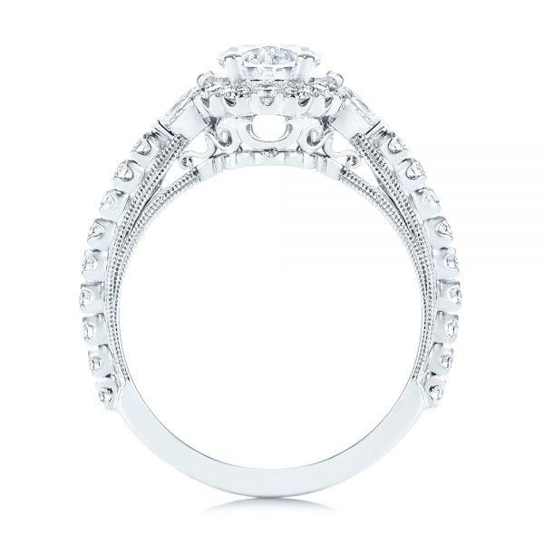 14k White Gold Three-stone Oval And Pear Diamond Halo Engagement Ring - Front View - 105675