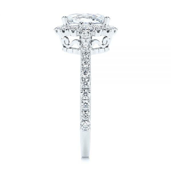 14k White Gold Three-stone Oval And Pear Diamond Halo Engagement Ring - Side View - 105675