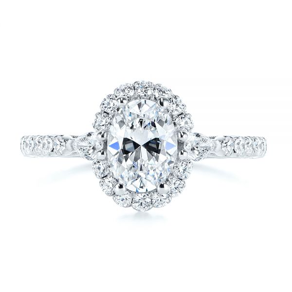 14k White Gold Three-stone Oval And Pear Diamond Halo Engagement Ring - Top View -  105675 - Thumbnail