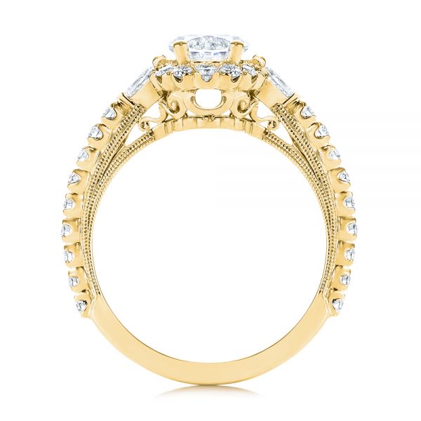 18k Yellow Gold 18k Yellow Gold Three-stone Oval And Pear Diamond Halo Engagement Ring - Front View -  105675 - Thumbnail