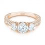 18k Rose Gold 18k Rose Gold Three Stone Oval And Round Diamond Engagement Ring - Flat View -  104871 - Thumbnail
