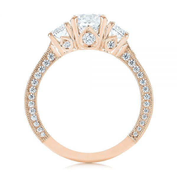 18k Rose Gold 18k Rose Gold Three Stone Oval And Round Diamond Engagement Ring - Front View -  104871