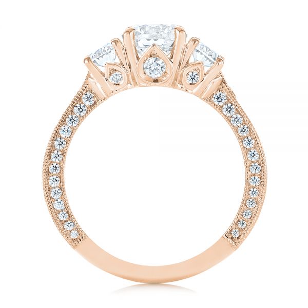 18k Rose Gold 18k Rose Gold Three Stone Oval And Round Diamond Engagement Ring - Front View - 104871