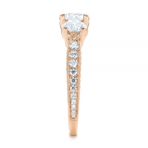 18k Rose Gold 18k Rose Gold Three Stone Oval And Round Diamond Engagement Ring - Side View -  104871