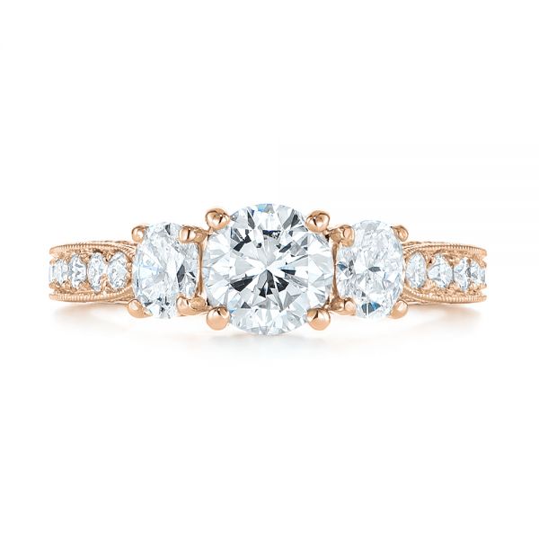 18k Rose Gold 18k Rose Gold Three Stone Oval And Round Diamond Engagement Ring - Top View -  104871