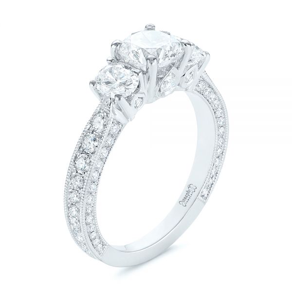 18k White Gold Three Stone Oval And Round Diamond Engagement Ring - Three-Quarter View -  104871