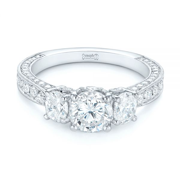  Platinum Platinum Three Stone Oval And Round Diamond Engagement Ring - Flat View -  104871