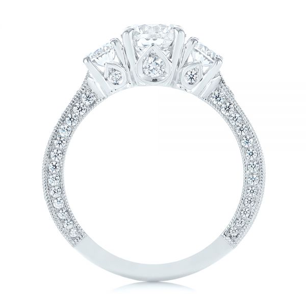 18k White Gold Three Stone Oval And Round Diamond Engagement Ring - Front View -  104871