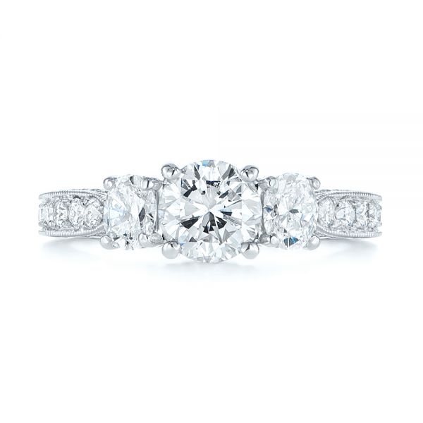 18k White Gold Three Stone Oval And Round Diamond Engagement Ring - Top View -  104871