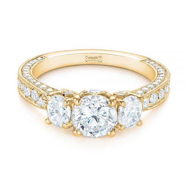14k Yellow Gold 14k Yellow Gold Three Stone Oval And Round Diamond Engagement Ring - Flat View - 104871