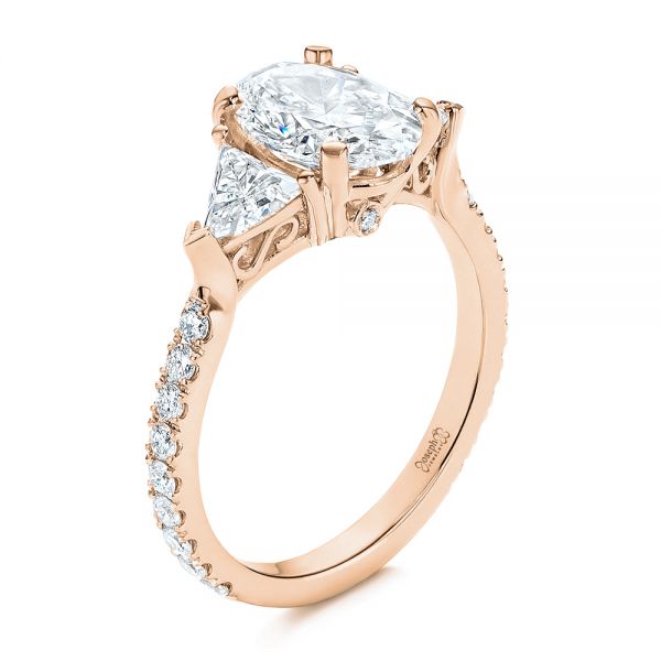 14k Rose Gold 14k Rose Gold Three Stone Oval And Trillion Diamond Engagement Ring - Three-Quarter View -  106103 - Thumbnail