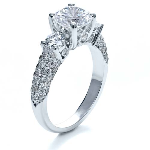  Platinum Platinum Three Stone Pave Diamond Engagement Ring - Three-Quarter View -  170 - Thumbnail