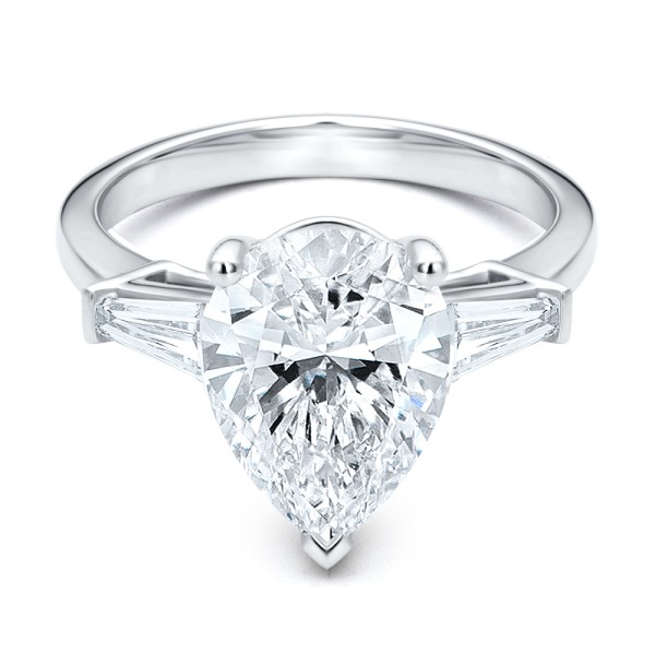 14k White Gold Three Stone Pear And Tapered Baguette Diamond Engagement Ring - Flat View -  107807