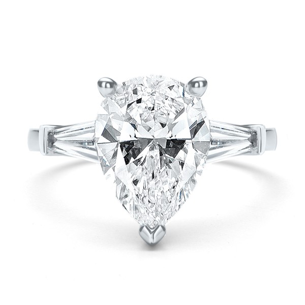 14k White Gold Three Stone Pear And Tapered Baguette Diamond Engagement Ring - Top View -  107807