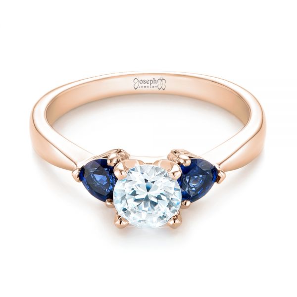 18k Rose Gold 18k Rose Gold Three Stone Trillion Blue Sapphire And Diamond Engagement Ring - Flat View -  100317