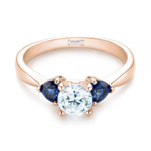 14k Rose Gold 14k Rose Gold Three Stone Trillion Blue Sapphire And Diamond Engagement Ring - Flat View - 100317