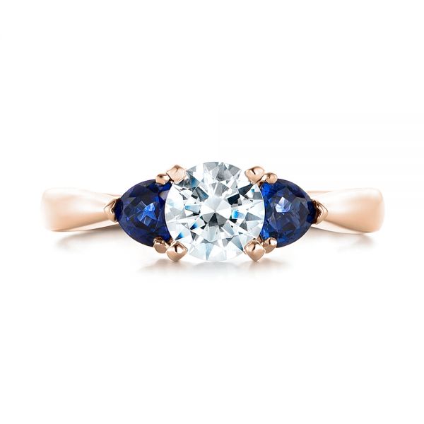 18k Rose Gold 18k Rose Gold Three Stone Trillion Blue Sapphire And Diamond Engagement Ring - Top View -  100317