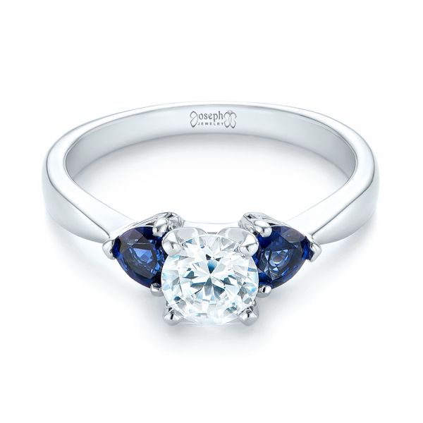 18k White Gold Three Stone Trillion Blue Sapphire And Diamond Engagement Ring - Flat View -  100317