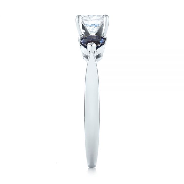18k White Gold Three Stone Trillion Blue Sapphire And Diamond Engagement Ring - Side View - 100317