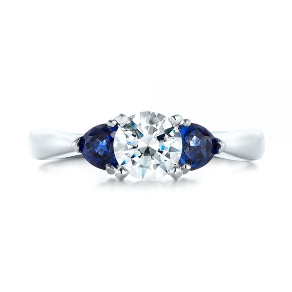 18k White Gold Three Stone Trillion Blue Sapphire And Diamond Engagement Ring - Top View -  100317