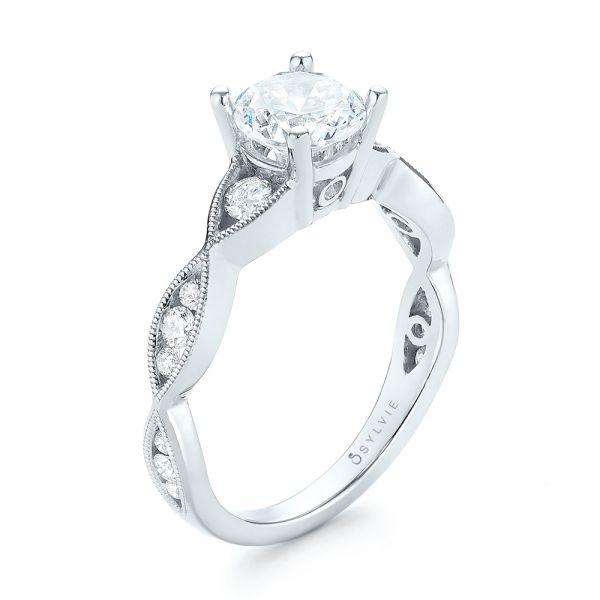 18k White Gold Three-stone Diamond Engagement Ring - Three-Quarter View -  103064