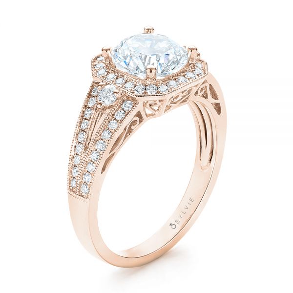 18k Rose Gold 18k Rose Gold Three-stone Halo Diamond Engagement Ring - Three-Quarter View - 103051