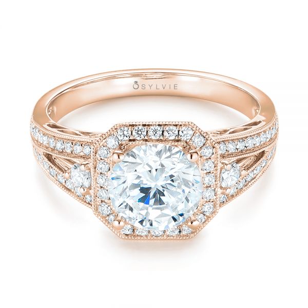 18k Rose Gold 18k Rose Gold Three-stone Halo Diamond Engagement Ring - Flat View -  103051