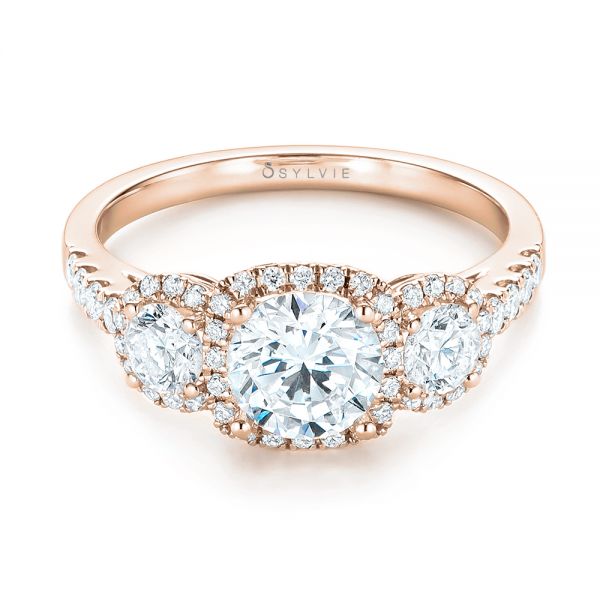 14k Rose Gold 14k Rose Gold Three-stone Halo Diamond Engagement Ring - Flat View -  103094