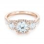 14k Rose Gold 14k Rose Gold Three-stone Halo Diamond Engagement Ring - Flat View -  103094 - Thumbnail