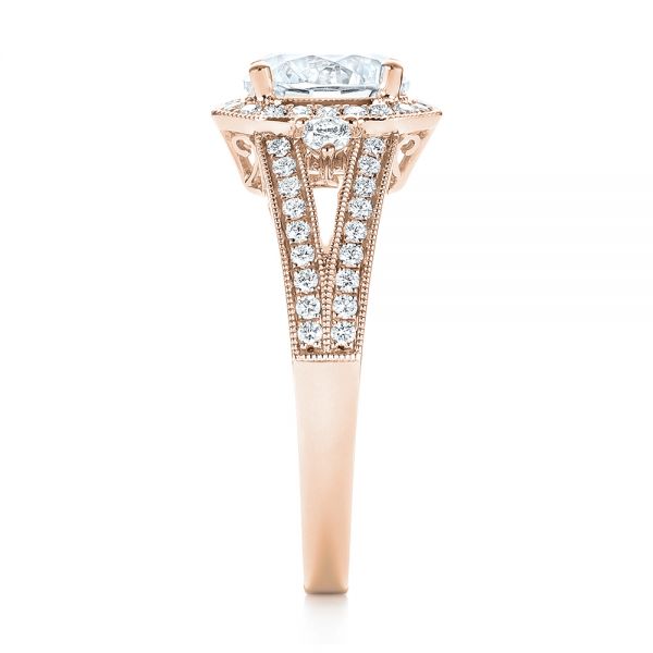 18k Rose Gold 18k Rose Gold Three-stone Halo Diamond Engagement Ring - Side View -  103051
