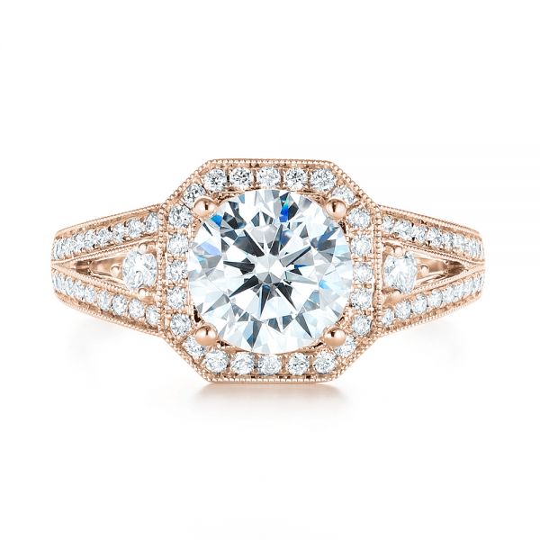18k Rose Gold 18k Rose Gold Three-stone Halo Diamond Engagement Ring - Top View -  103051