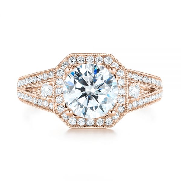 18k Rose Gold 18k Rose Gold Three-stone Halo Diamond Engagement Ring - Top View - 103051