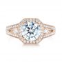 18k Rose Gold 18k Rose Gold Three-stone Halo Diamond Engagement Ring - Top View -  103051 - Thumbnail