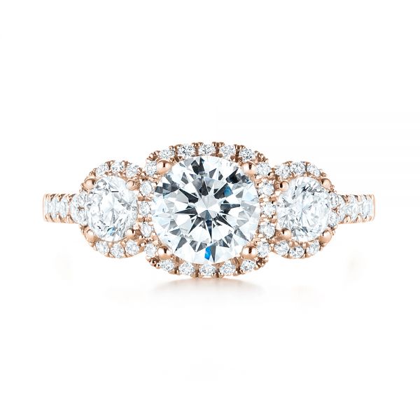 14k Rose Gold 14k Rose Gold Three-stone Halo Diamond Engagement Ring - Top View -  103094