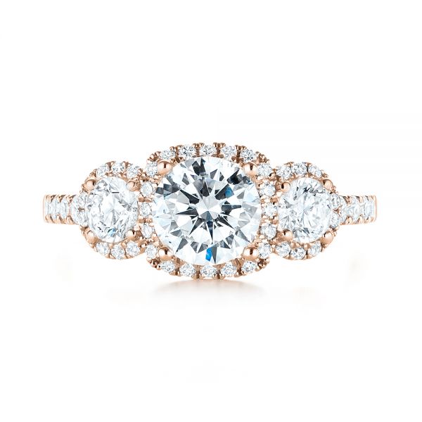 14k Rose Gold 14k Rose Gold Three-stone Halo Diamond Engagement Ring - Top View - 103094