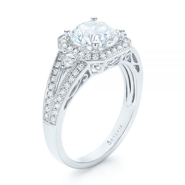  Platinum Platinum Three-stone Halo Diamond Engagement Ring - Three-Quarter View -  103051