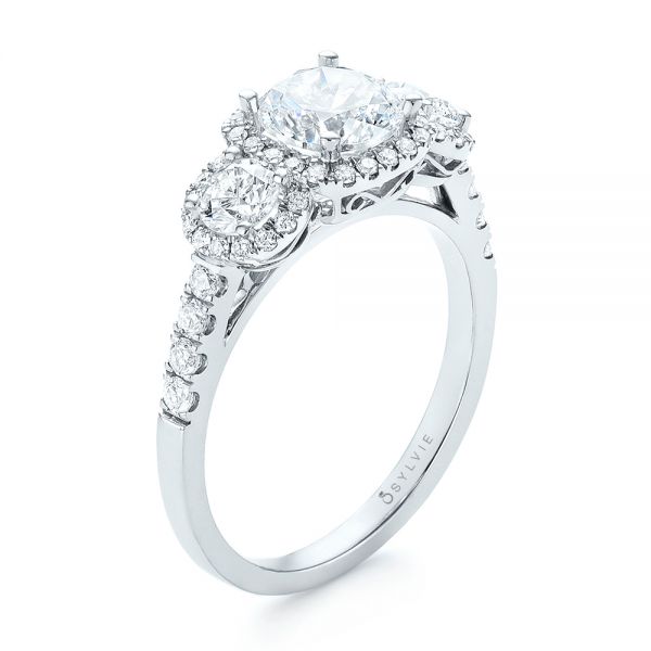 Three-stone Halo Diamond Engagement Ring - Image