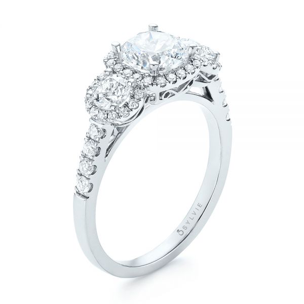  Platinum Platinum Three-stone Halo Diamond Engagement Ring - Three-Quarter View -  103094