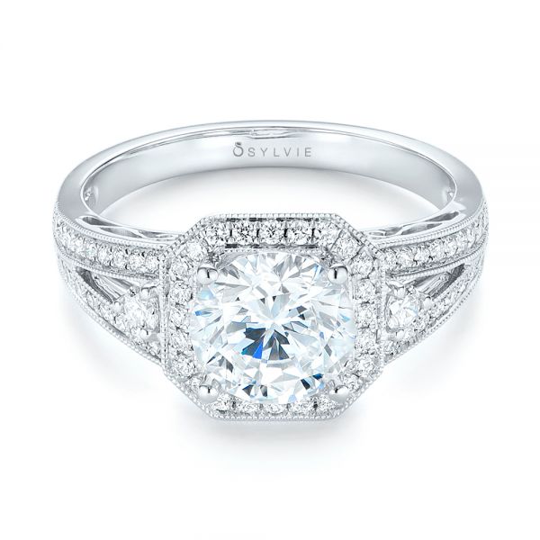 14k White Gold 14k White Gold Three-stone Halo Diamond Engagement Ring - Flat View -  103051