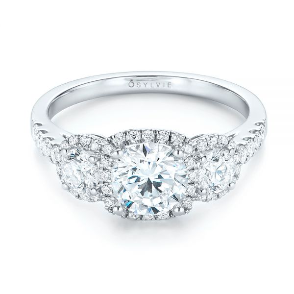 18k White Gold Three-stone Halo Diamond Engagement Ring - Flat View -  103094