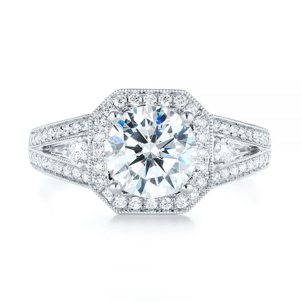 18k White Gold Three-stone Halo Diamond Engagement Ring - Top View -  103051