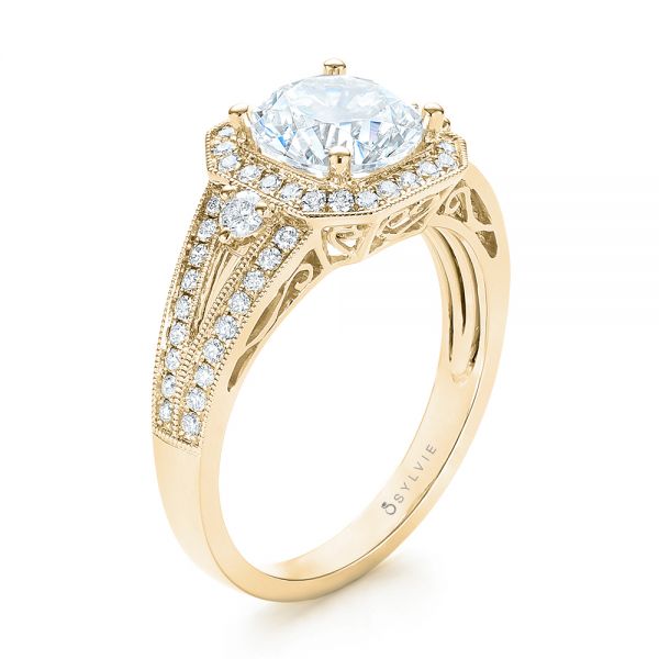 18k Yellow Gold 18k Yellow Gold Three-stone Halo Diamond Engagement Ring - Three-Quarter View -  103051