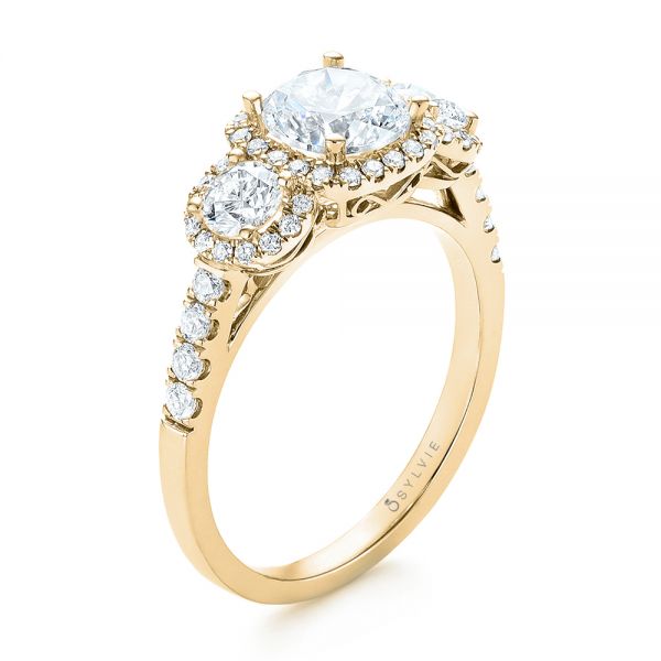 18k Yellow Gold 18k Yellow Gold Three-stone Halo Diamond Engagement Ring - Three-Quarter View -  103094