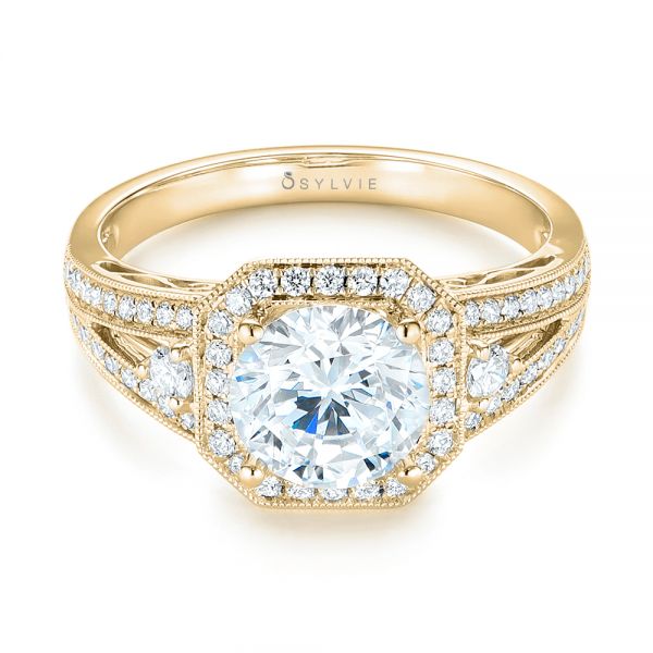 18k Yellow Gold 18k Yellow Gold Three-stone Halo Diamond Engagement Ring - Flat View -  103051