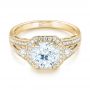 18k Yellow Gold 18k Yellow Gold Three-stone Halo Diamond Engagement Ring - Flat View -  103051 - Thumbnail